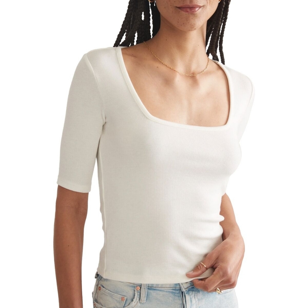 Marine Layer Lexi Rib Square Neck Tencel Stretch White Fitted Knit Top Medium